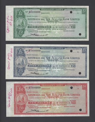 Australia,  Zealand Bank Limited 2 - 5 - 10 Pounds 1951 - 67 Specimen Cheques