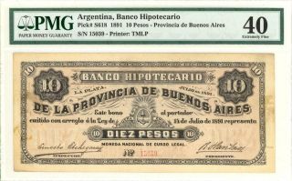 Argentina Banco Hipotecario Buenos Aires 10 Pesos Banknote 1891 Pmg 40 Xf