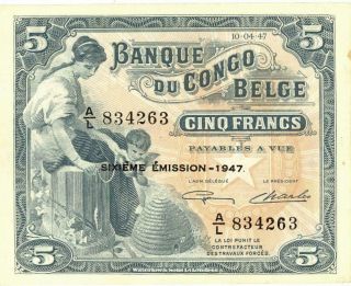 Belgian Congo 5 Francs Currency Banknote 1947 Au/unc