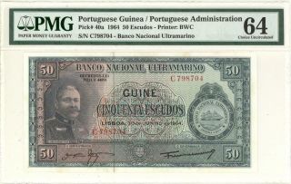 Portuguese Guinea 50 Escudos Currency Banknote 1964 Pmg 64 Cu