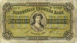 Sweden Sundsvalls Enskilda Bank 10 Kronor Banknote 1894 - Unlisted Date