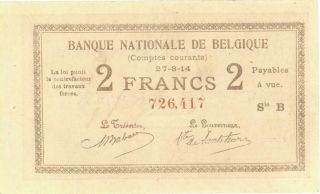 Belgium 2 Francs Wwi Currency Banknote 1914 Vf/xf
