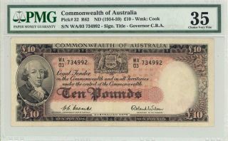 Australia 10 Pounds Currency Banknote 1954 Pmg 35 Choice Vf