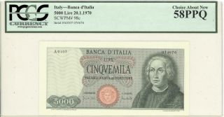 Italy 5000 Lire Currency Banknote 1970 Pcgs 58 Ppq Au