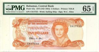 Bahamas $5 Dollars Currency Banknote 1974 Pmg 65 Gem Unc