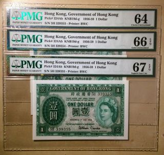 3x 1956 - 59 Hong Kong Pick 324ab One Dollar Pmg 64 & 66 - 67 Epq S/n Consecutive