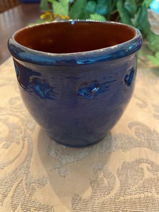 Ned Foltz Redware Mug Blue With Hearts Signed And Dated 1987