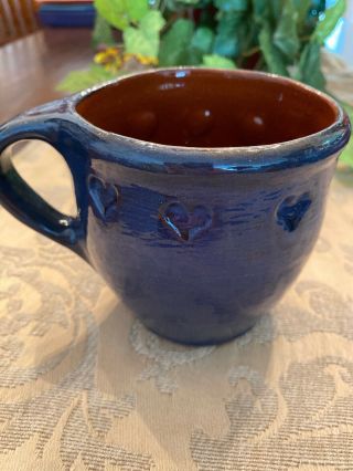 Ned Foltz Redware Mug Blue With Hearts Signed And Dated 1987 2