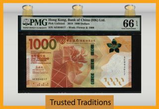 Tt Pk Unl 2018 Hong Kong 100 Dollars " Flower " Pmg 66 Epq Gem Uncirculated