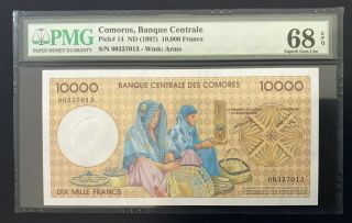 Comoros 10000 Francs 1997 Pmg Gem Unc P - 14