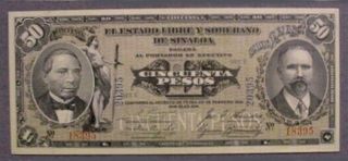 Mexico: 1915 Estado De Sinaloa 50 Pesos Note Choice Cu