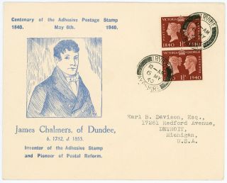 Gb 1940 Stamp Centenary 11/2d X 2 On James Chalmers Illustrated Fdc Irvine Cds