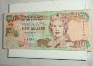 1996 $50 The Central Bank Of The Bahamas Banknote Queen Elizabeth Circulated