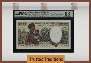 Tt Pk 39b Nd (1984) Djibouti Banque Nationale 10000 Francs Pmg 63 Choice Unc