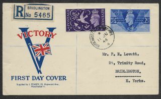 Gb Fdc 1946 Victory Issue Bridlington Registered Cds Cv £45