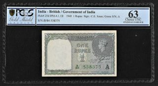 British India,  1940,  1 Rupee Note,  Pcgs Ch.  Unc 63,  Ce Jones,  Kgvi,  P 25d.