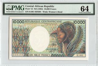 Central African Republic Nd (1983) P - 13 Pmg Choice Unc 64 10,  000 Francs