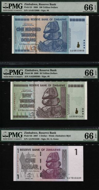 Tt Pk 91,  90 & 65 Zimbabwe 100,  50 Trillion & 1 Dollar Set Of 3 Notes Pmg 66 Epq