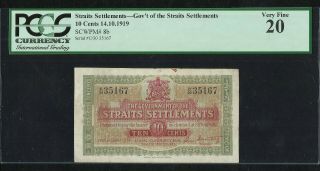 Straits Settlements 10 Cents 1919 Pick.  8b Vf Pcgs 20