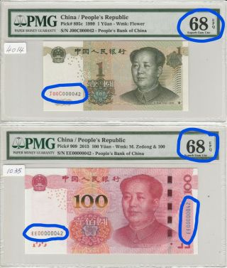 China/peoples Republic 1999 1 Yuan,  2015 100 Yuan,  S/n J00c000042,  Ee00000042,  Pmg68