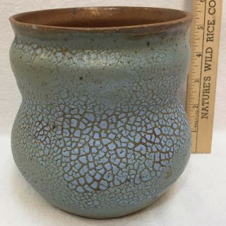 Pottery Vase Blue Crackle Mosaic Scales Textured 5.  5 " Flower Handmade Art Bowl