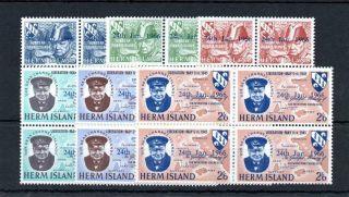 Herm: Churchill Set In Unmounted Blocks Of 4 With Blue Overprints