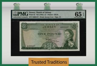 Tt Pk 8a 1963 Jersey 1 Pound " Queen Elizabeth Ii " 3 Digit S/n 127 Pmg 65 Epq
