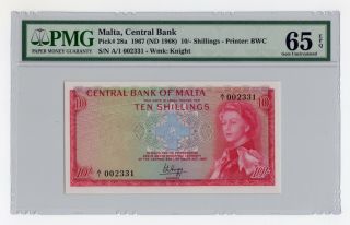 10/ - Shillings 1967 Pick 28a Malta,  Central Bank Pmg 65 Epq Gem Uncirculated