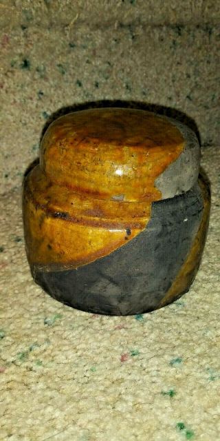 Raku Pottery Jar With Lid Brown & Grey 3.  5 " Tall 4 " Diameter