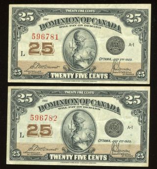 2 Consecutive Numbered 1923 Dominion Of Canada Twenty Five Cents - Dc - 24c