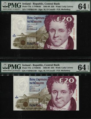 Tt Pk 77b 1995 - 99 Ireland - Republic 20 Pounds Pmg 64 Epq Sequential Set Of 2