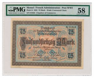 Memel Banknote 75 Mark 1922.  Pmg Au - 58
