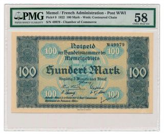 Memel Banknote 100 Mark 1922.  Pmg Au - 58