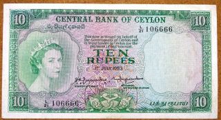 Central Bank Of Ceylon 10 Rupees 01 - 07 - 1953 About Ex Fine Pleasing Grade.