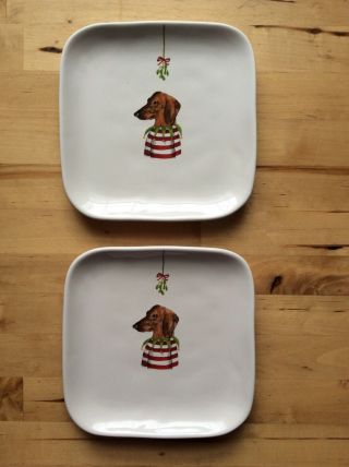 Rae Dunn Dachshund Dog Christmas Holiday Plates Tray Set Of 2