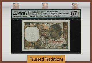 Tt Pk 3b 1963 Comoros - Banque Centrale 100 Francs Pmg 67 Epq Gem Unc