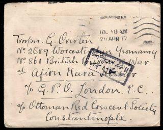 Uk Gb To Turkey Pow Censored Cover 1917 To Red Cross In Constantinople