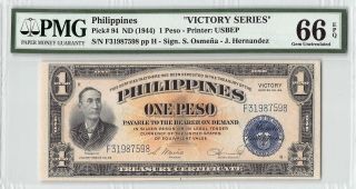 Philippines Nd (1944) P - 94 Pmg Gem Unc 66 Epq 1 Peso Victory Series