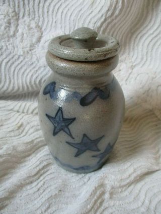 Vintage 1991 Rowe Pottery Salt - Glaze Stoneware Blue Stars 7 " Jar Crock W/lid