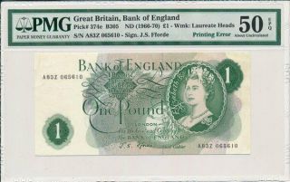 Bank Of England Great Britain 1 Pound Nd (1966 - 70) Printing Error Pmg 50epq