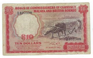 Malaya And British Borneo P - 9 10 Dollars 1961 Vg - F Stains