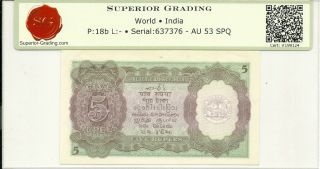 INDIA RESERVE BANK 5 RUPEES 1943 ISSUE P - 18b KING GEORGE VI ABOUT UNC 2