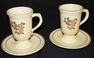 Two Pfaltzgraff Village Footed Pedestal Coffee Cup Mugs & Saucers Brown & Cream