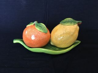 Sur La Table Orange & Lemon Figural Salt & Pepper Shakers On Leaf Tray