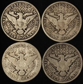 1907 - P,  1907 - D,  1907 - O and 1907 - S Barber Half Dollars - USA 2