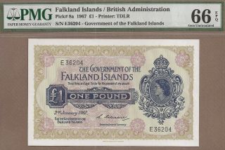 Falkland Islands: 1 Pound Banknote,  (unc Pmg66),  P - 8a,  02.  01.  1967,