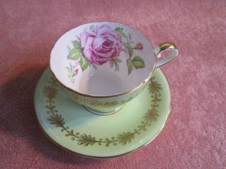 Aynsley Large Cabbage Rose Teacup And Saucer - Green