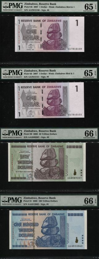 Tt Pk 65/90/91 2007 - 08 Zimbabwe 1 Dollar,  $50 & $100 Trillion Pmg 66q Set Of 4