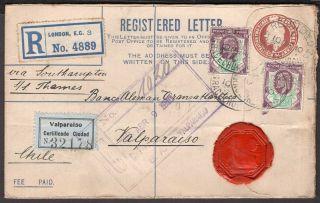 166 Gb Uk To Chile Registered Stationery Envelope 1910 Perfin " D.  B " To Valpo
