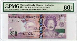 Cayman Islands 50 Dollars 2010 P 42 Gem Unc Pmg 66 Epq